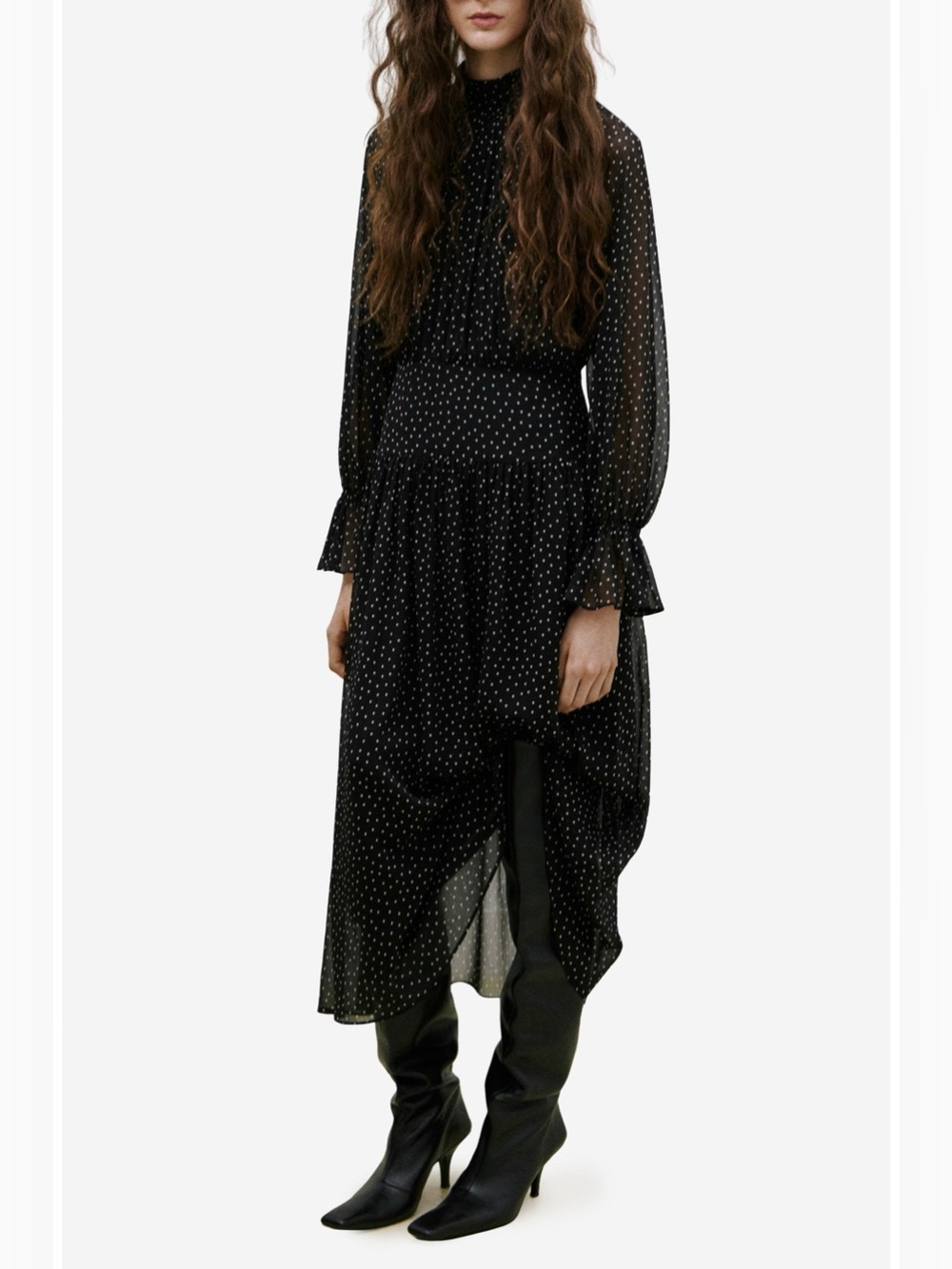 Mango Polka Dot Long Sleeve Midi Dress Black White Size 4
